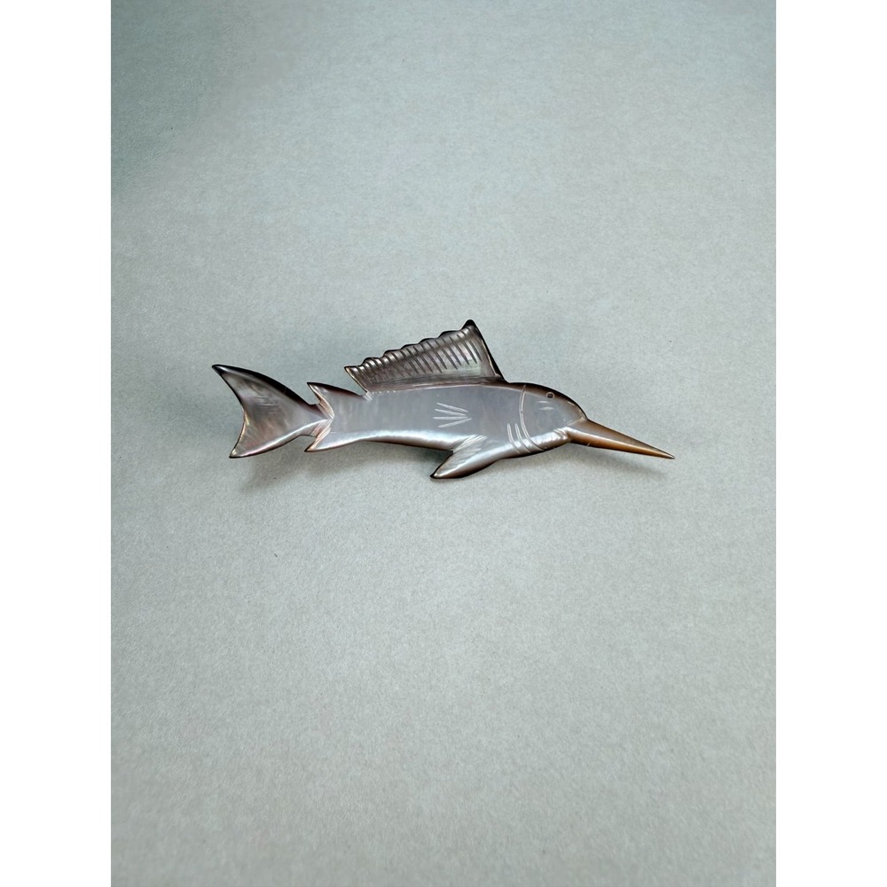 Vintage Hand Carved Mother of Pearl MOP Shell Swordfish Marlin Brooch Pin 3.25"